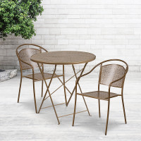 Flash Furniture CO-30RDF-03CHR2-GD-GG 30" Round Steel Folding Patio Table Set with 2 Round Back Chairs in Gold